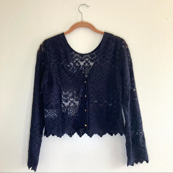 Sezane Daisy lace cropped long sleeve blouse in navy size FR 34 US 2/XS. - Picture 8 of 14